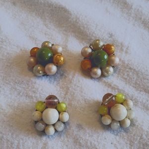 2 Pair of Vintage Beaded Flower Clip On Earrings